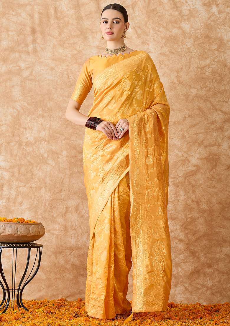Gold Embroidered Silk Blend Saree Set for Diwali and Festive Wear - Indya