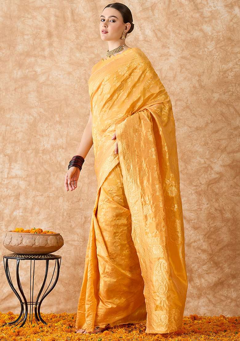 Gold Embroidered Silk Blend Saree Set for Diwali and Festive Wear - Indya