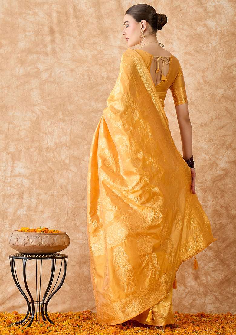 Gold Embroidered Silk Blend Saree Set for Diwali and Festive Wear - Indya