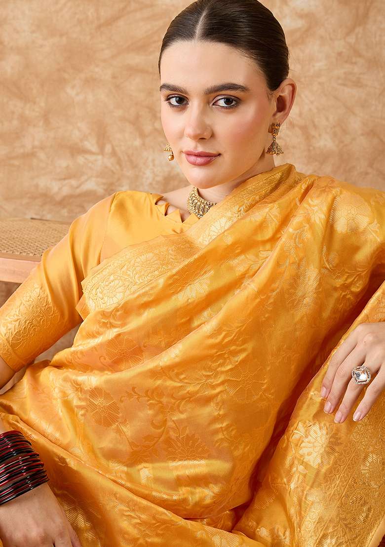 Gold Embroidered Silk Blend Saree Set for Diwali and Festive Wear - Indya