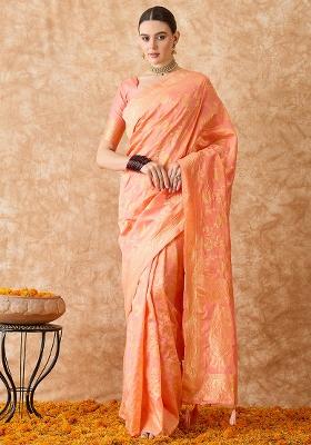 Peach Embroidered Silk Saree Set