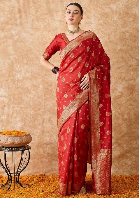 Red Embroidered Silk Saree Set