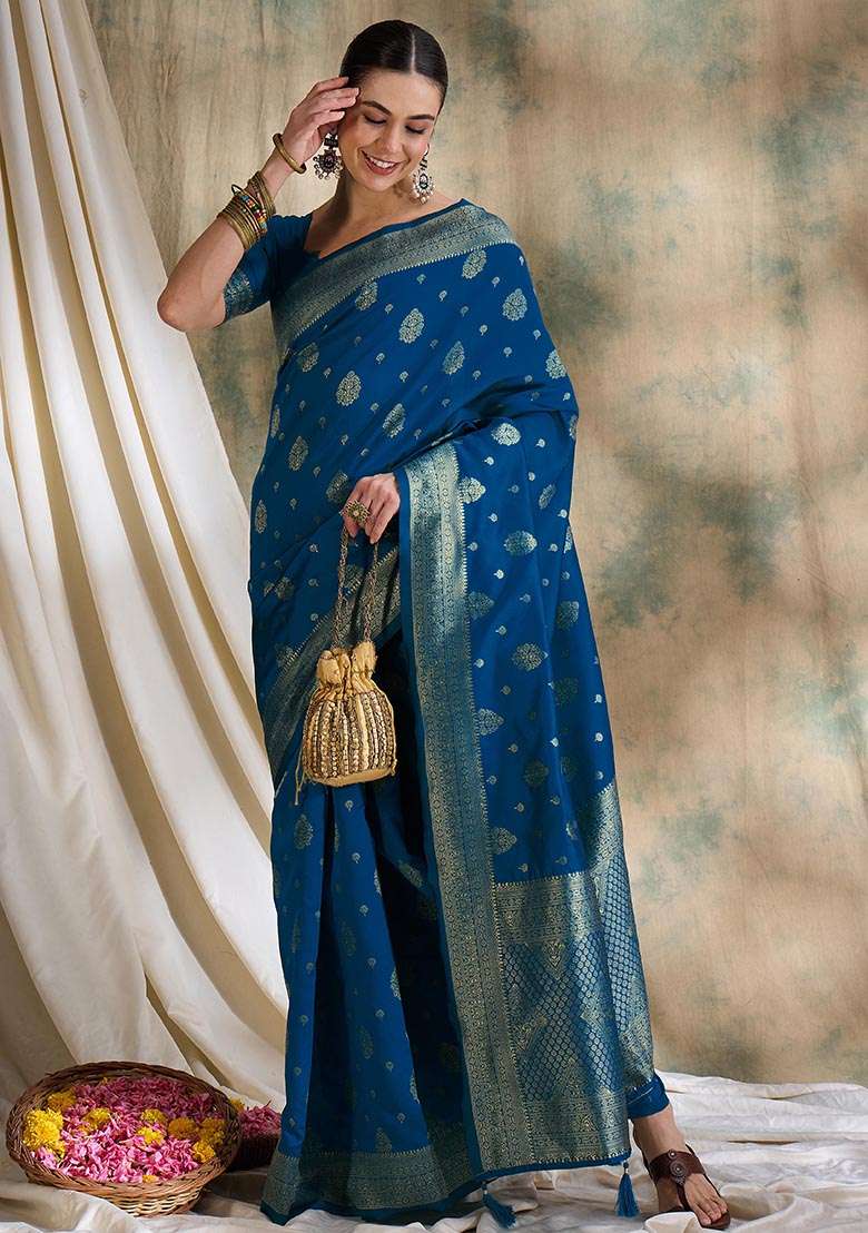 Petrol Blue Embroidered Silk Blend Saree Set for Diwali and Festive Wear - Indya