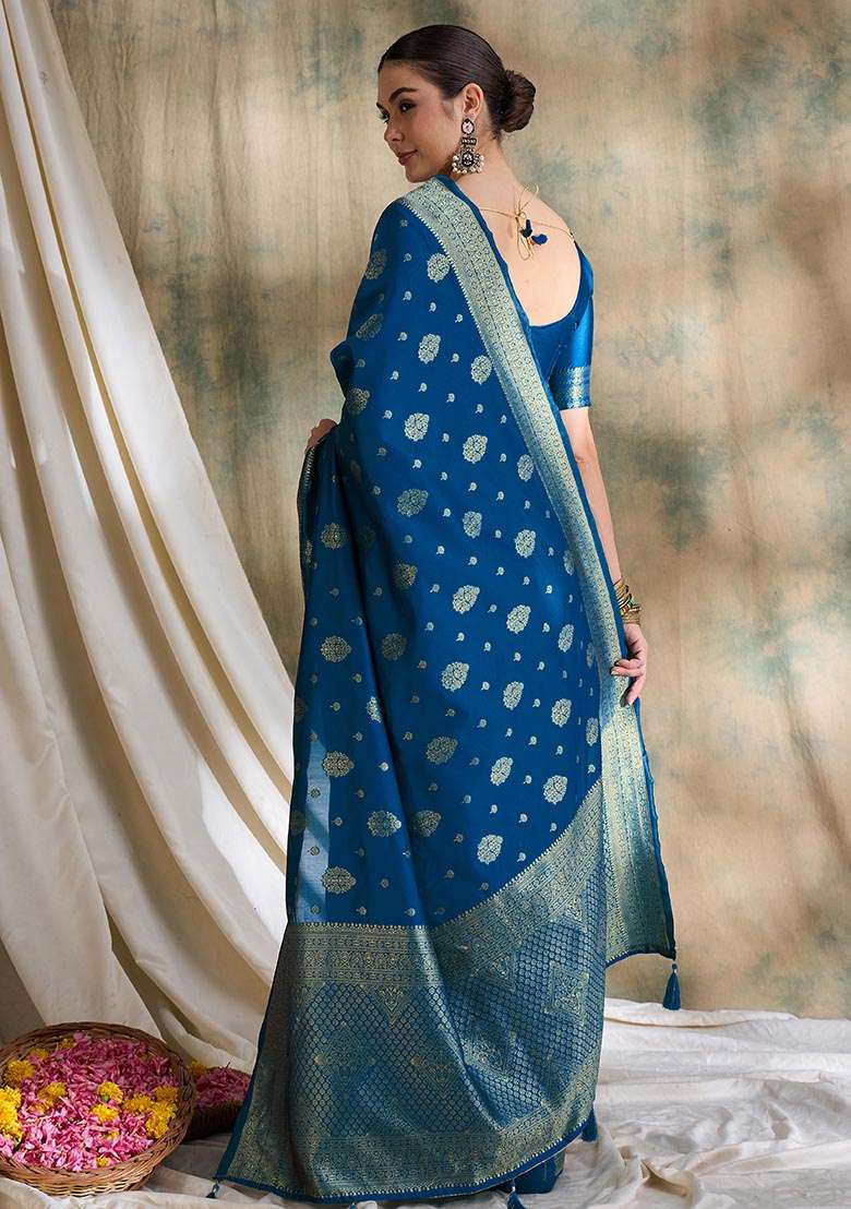 Petrol Blue Embroidered Silk Blend Saree Set for Diwali and Festive Wear - Indya