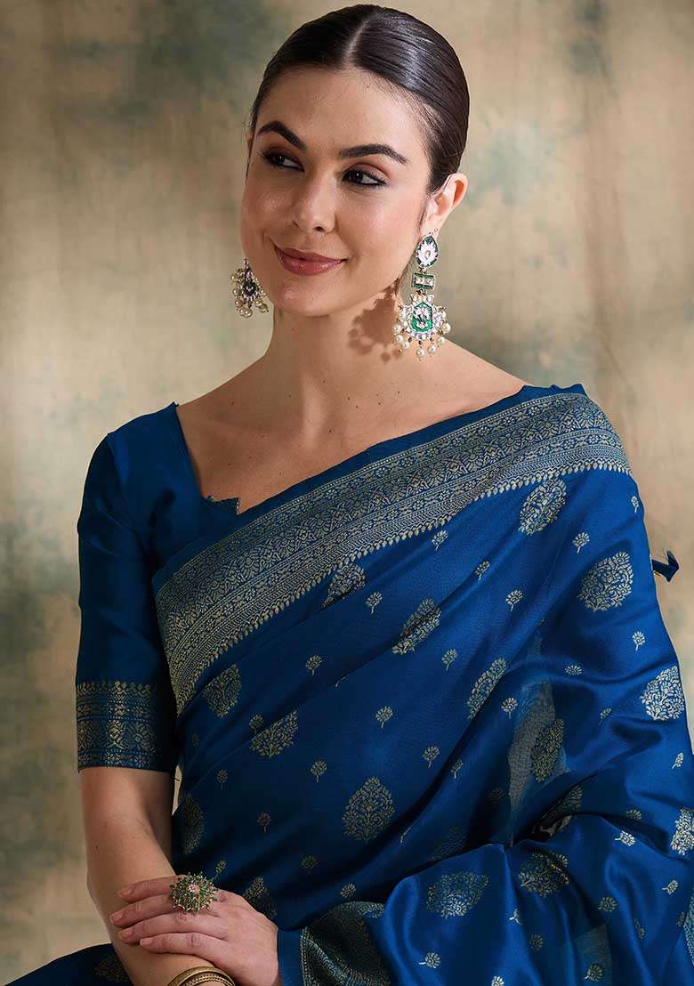 Petrol Blue Embroidered Silk Blend Saree Set for Diwali and Festive Wear - Indya