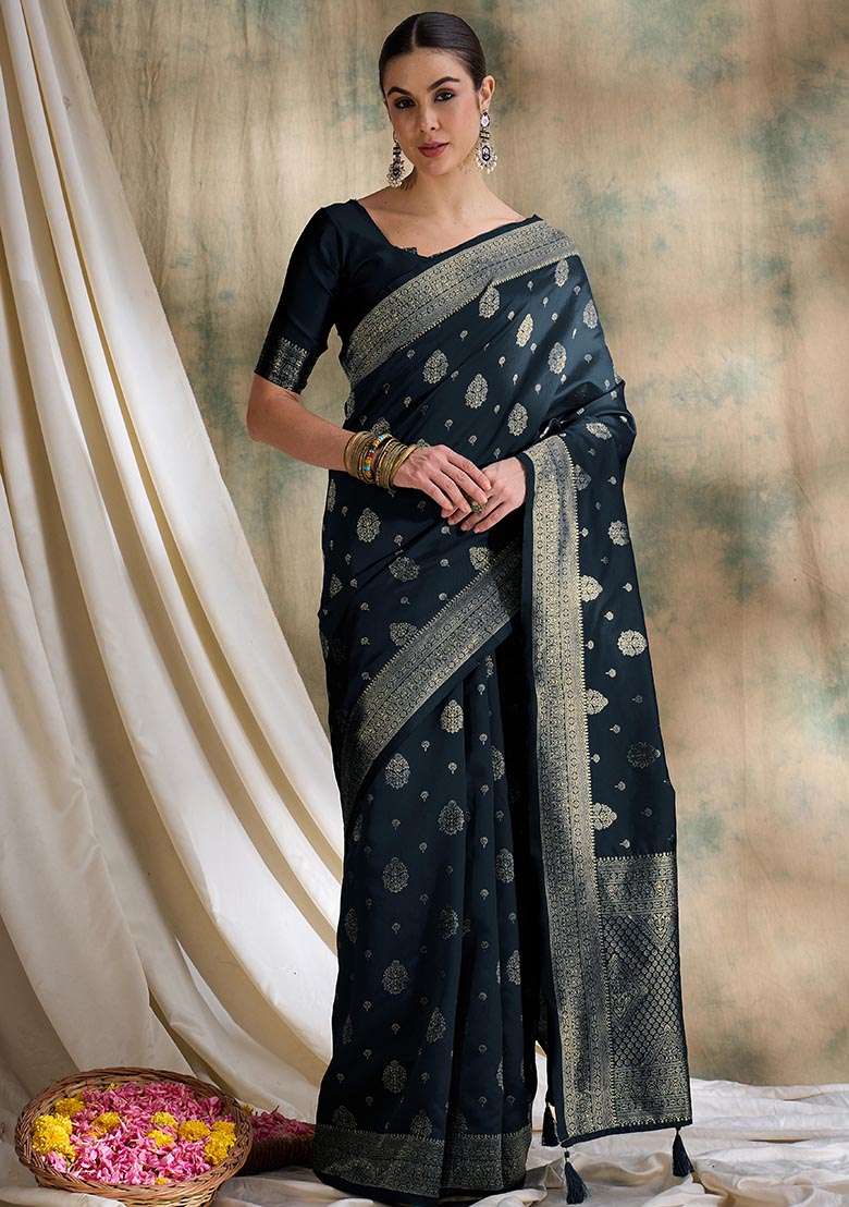 Black Silk Blend Saree Set with Embroidered for Diwali | Wedding & Festive Wear - Indya