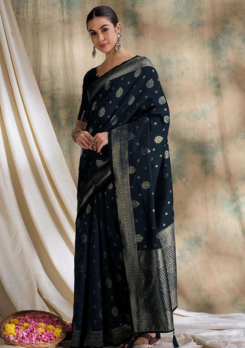 Black Silk Blend Saree Set with Embroidered for Diwali | Wedding & Festive Wear - Indya