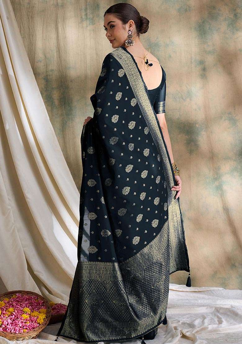 Black Silk Blend Saree Set with Embroidered for Diwali | Wedding & Festive Wear - Indya