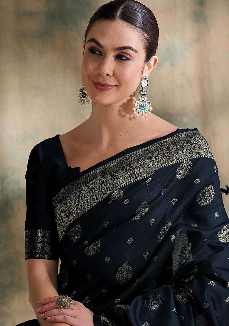 Black Silk Blend Saree Set with Embroidered for Diwali | Wedding & Festive Wear - Indya