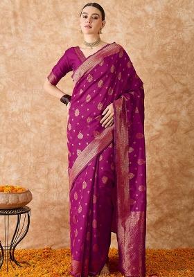 Magenta Embroidered Silk Blend Saree Set