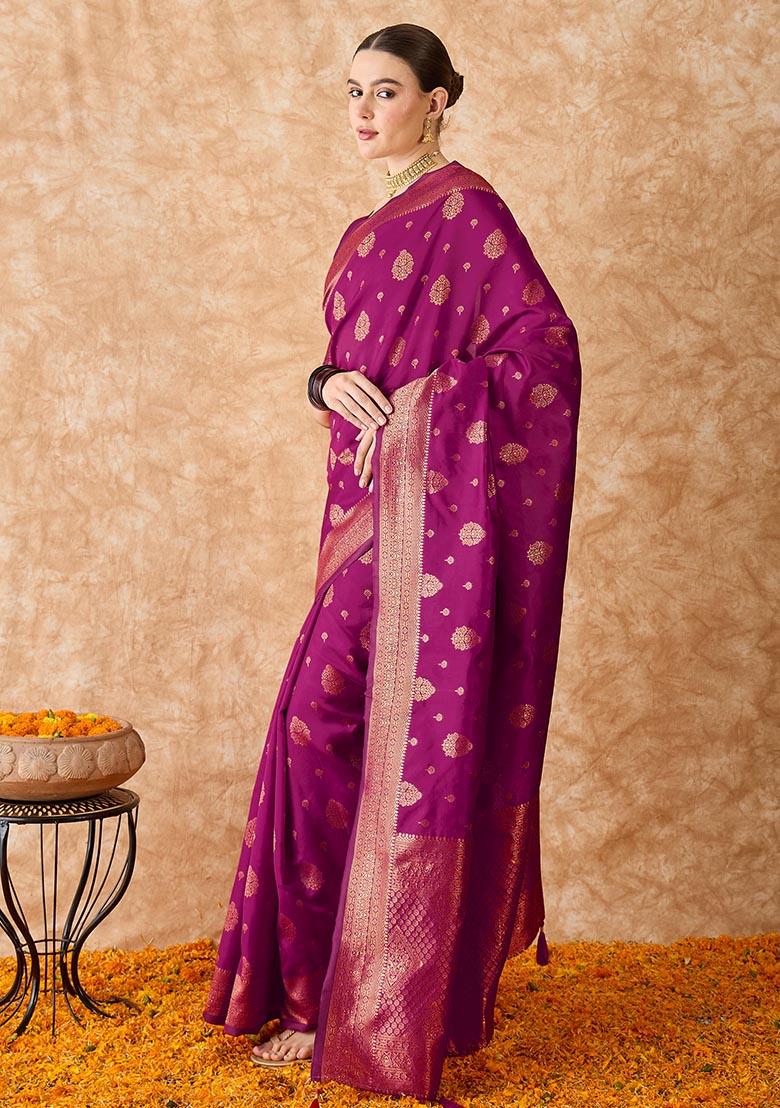 Magenta Embroidered Silk Saree Set