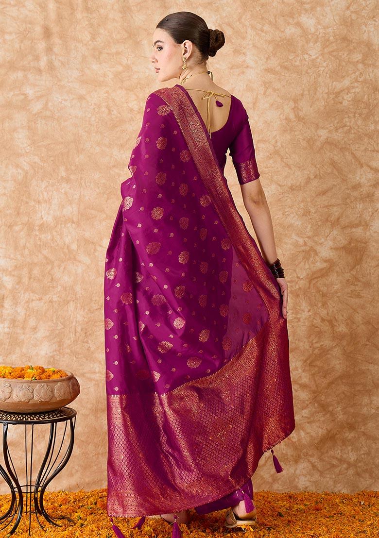 Magenta Embroidered Silk Saree Set
