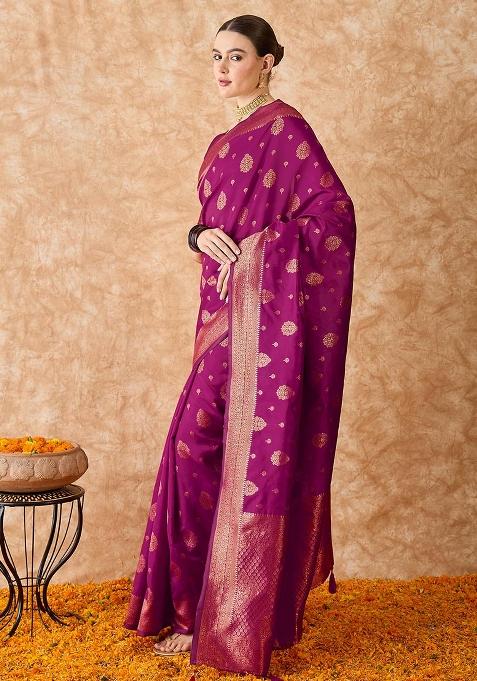 Magenta Embroidered Silk Saree Set
