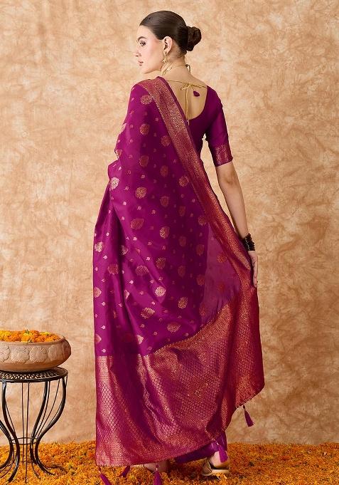 Magenta Embroidered Silk Saree Set