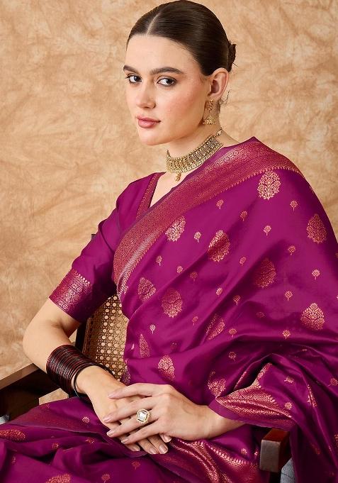 Magenta Embroidered Silk Saree Set