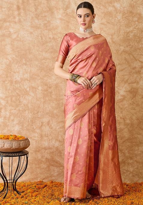 Peach Embroidered Silk Saree Set
