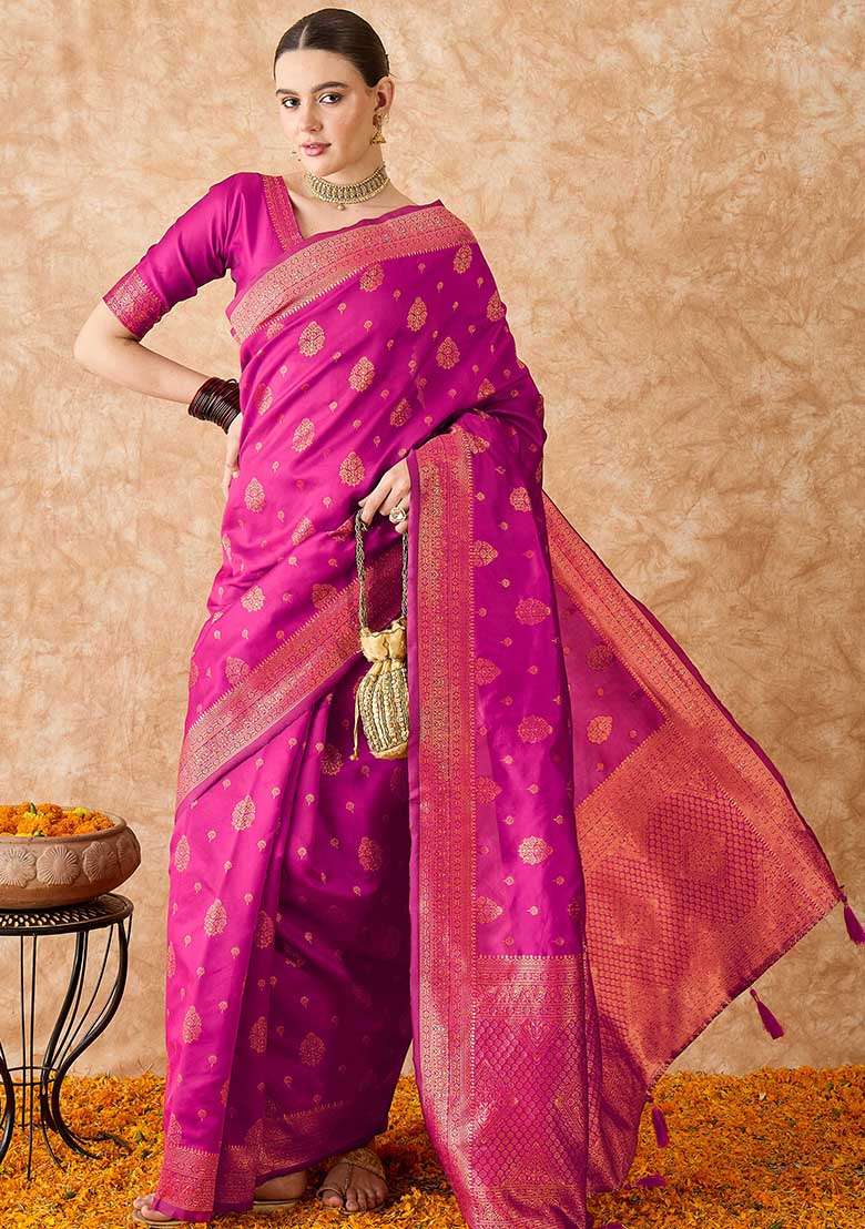 Pink Embroidered Silk Blend Saree Set for Diwali and Festive Wear - Indya