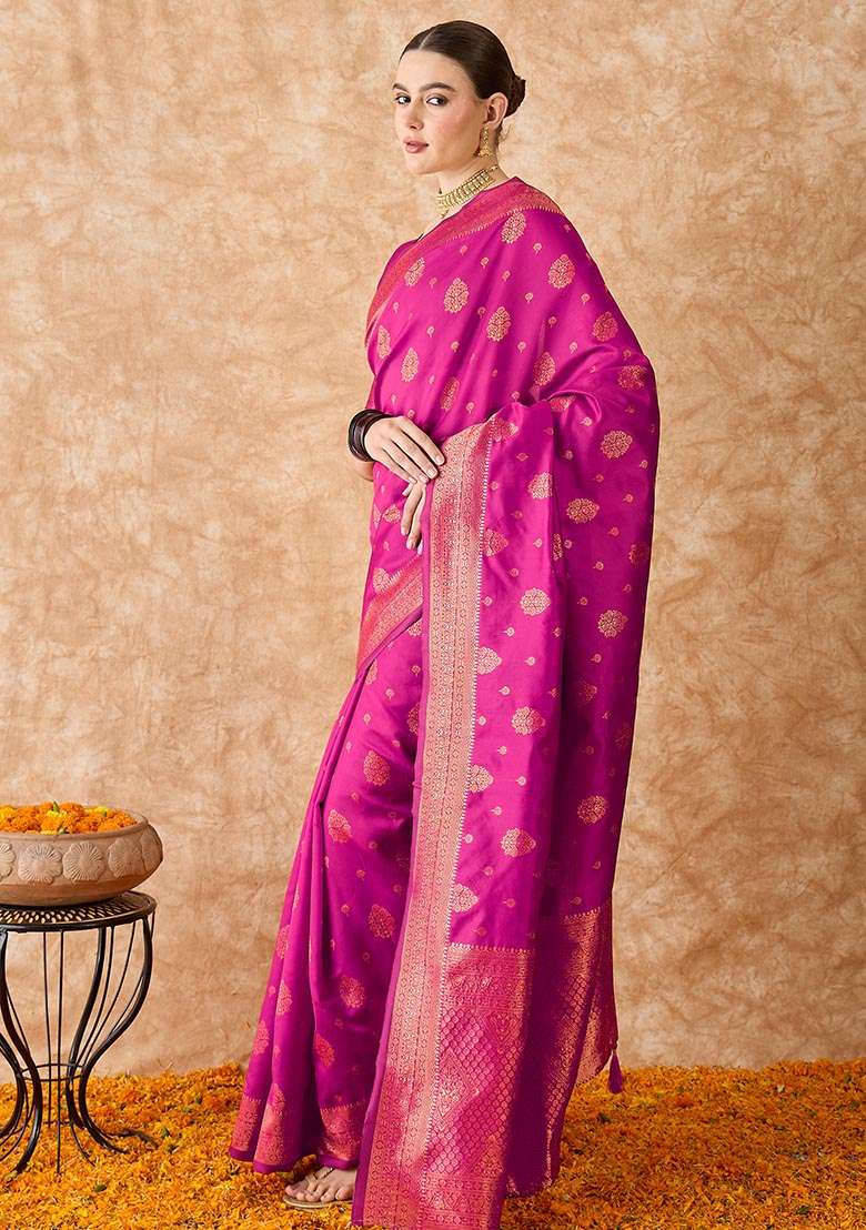 Pink Embroidered Silk Blend Saree Set for Diwali and Festive Wear - Indya