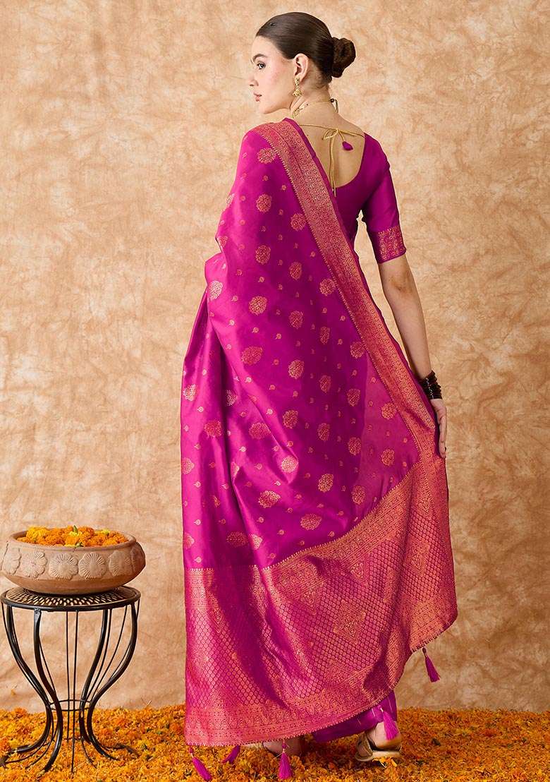 Pink Embroidered Silk Blend Saree Set for Diwali and Festive Wear - Indya