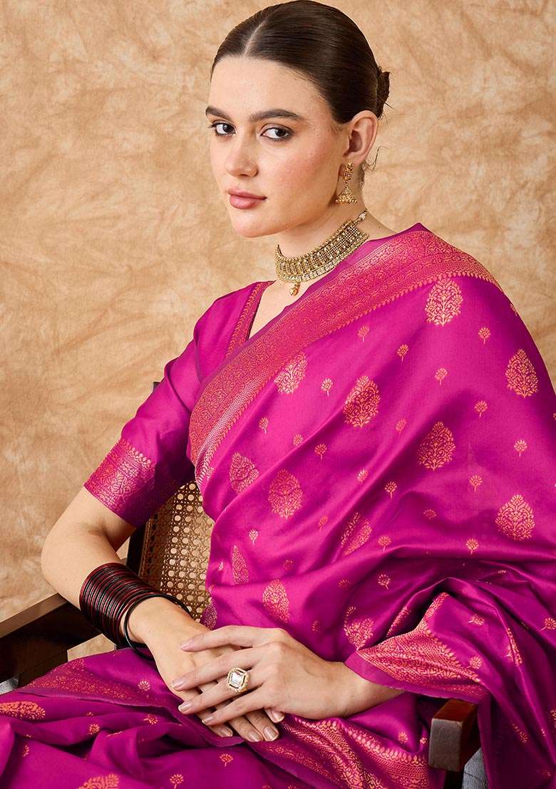 Pink Embroidered Silk Blend Saree Set for Diwali and Festive Wear - Indya
