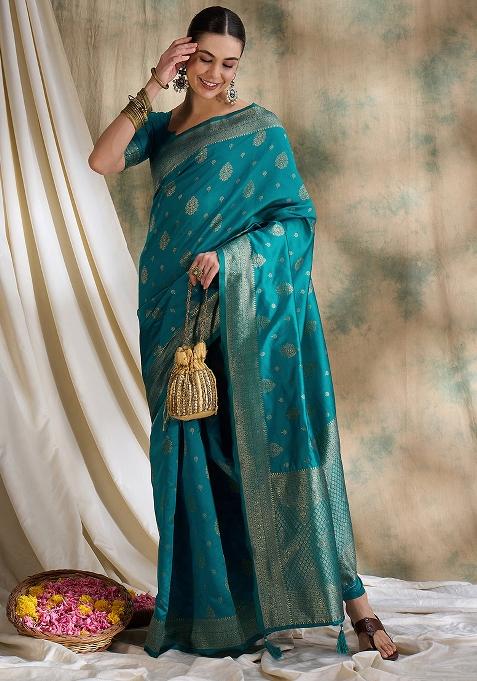Sky Blue Embroidered Silk Saree Set