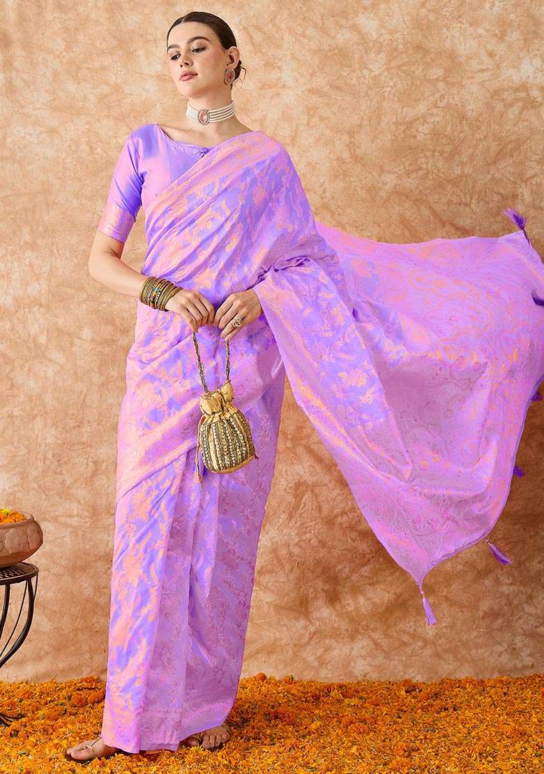 Lavender Silk Blend Saree Set with Embroidered for Diwali | Wedding & Festive Wear - Indya