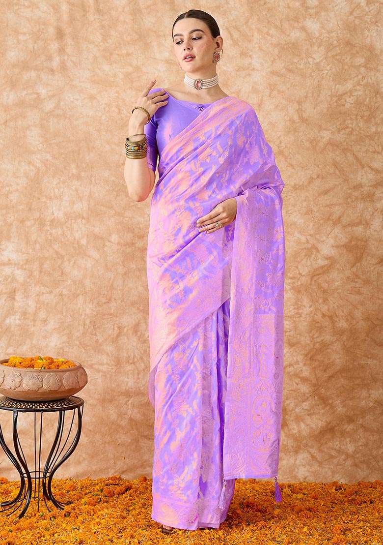 Lavender Silk Blend Saree Set with Embroidered for Diwali | Wedding & Festive Wear - Indya