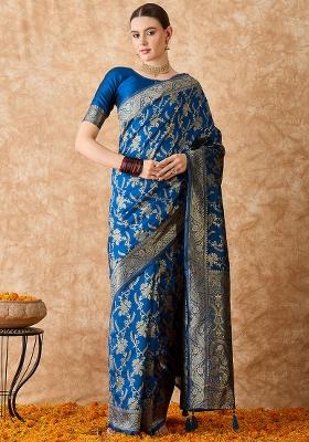 Petrol Blue Embroidered Silk Saree Set