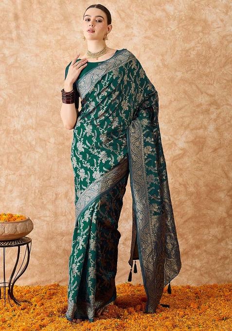 Green Embroidered Silk Saree Set