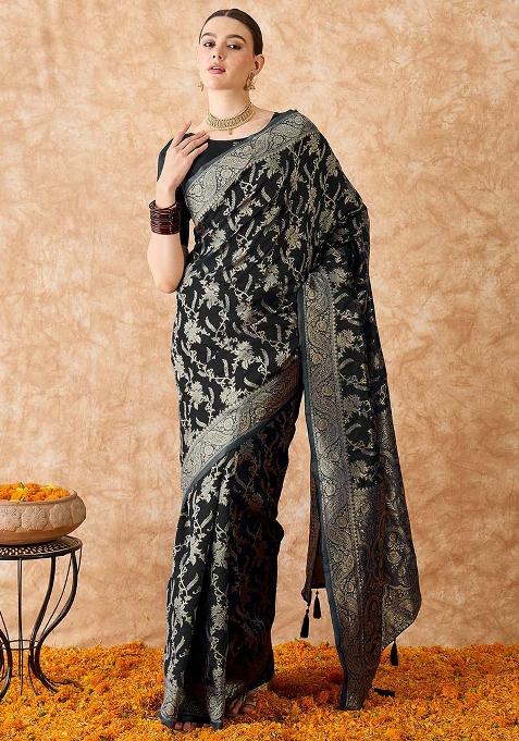 Black Embroidered Silk Saree Set