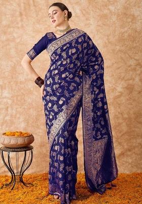 Navy Blue Embroidered Silk Saree Set