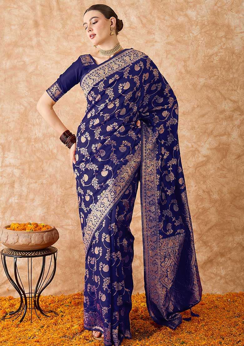 Navy Blue Silk Blend Saree Set with Embroidered for Diwali | Wedding & Festive Wear - Indya