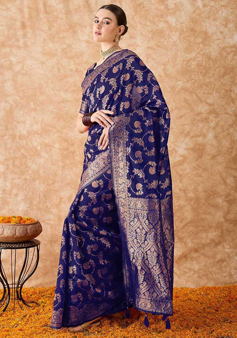 Navy Blue Silk Blend Saree Set with Embroidered for Diwali | Wedding & Festive Wear - Indya