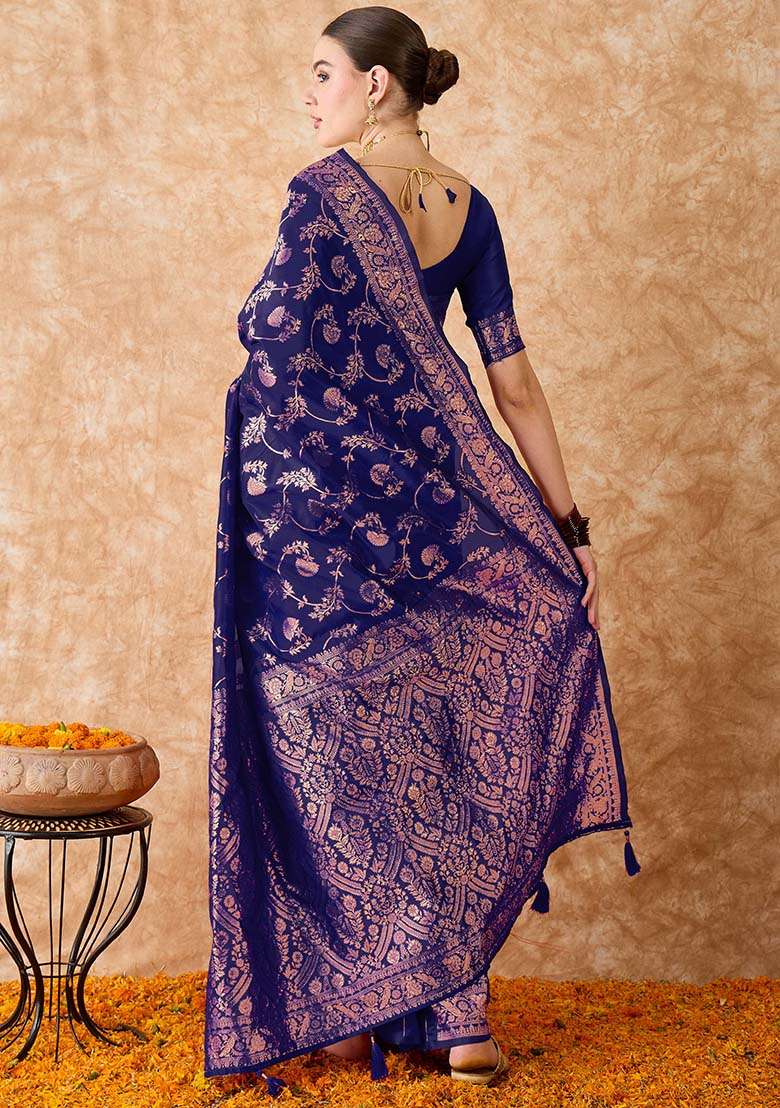 Navy Blue Silk Blend Saree Set with Embroidered for Diwali | Wedding & Festive Wear - Indya