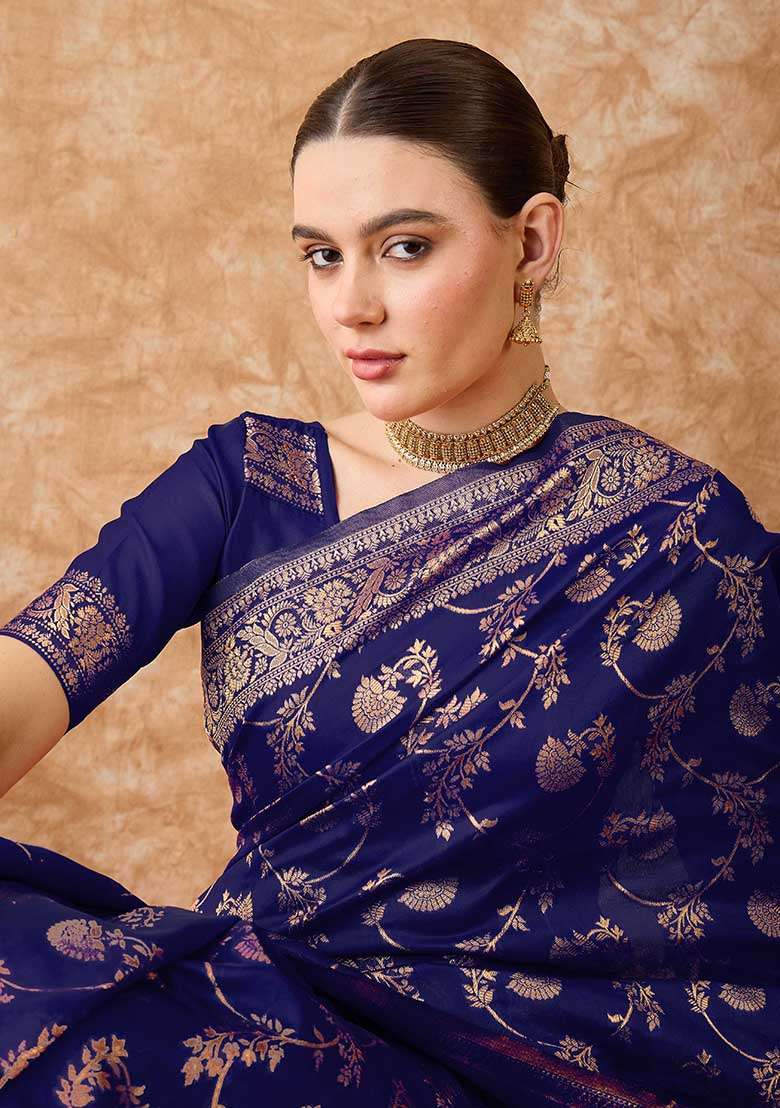 Navy Blue Silk Blend Saree Set with Embroidered for Diwali | Wedding & Festive Wear - Indya