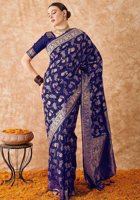 Navy Blue Embroidered Silk Saree Set