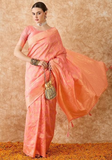 Peach Embroidered Silk Saree Set