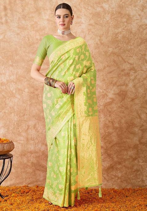Pista Green Embroidered Silk Saree Set