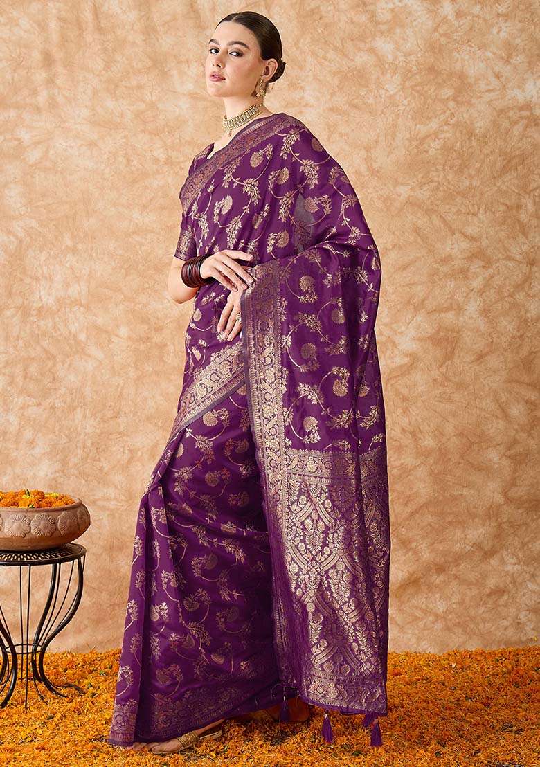 Wine Embroidered Silk Blend Saree Set for Diwali and Festive Wear - Indya