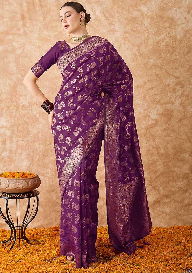 Wine Embroidered Silk Blend Saree Set for Diwali and Festive Wear - Indya