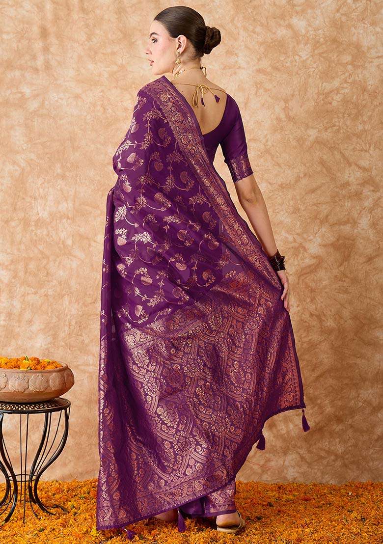 Wine Embroidered Silk Blend Saree Set for Diwali and Festive Wear - Indya