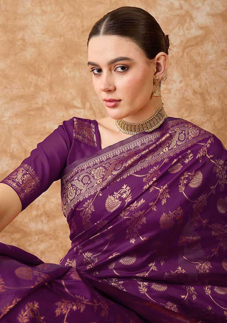 Wine Embroidered Silk Blend Saree Set for Diwali and Festive Wear - Indya