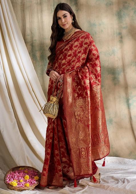 Red Embroidered Silk Saree Set