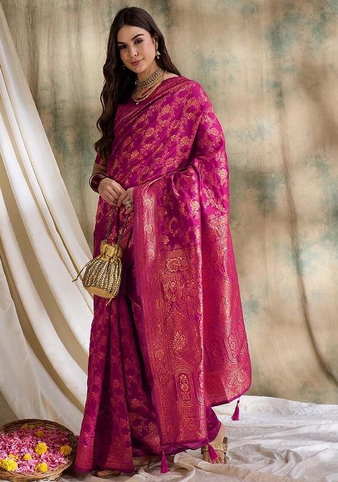Pink Embroidered Silk Saree Set