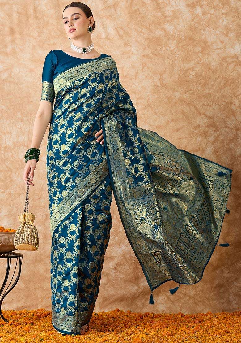 Teal Blue Embroidered Silk Blend Saree Set for Diwali and Festive Wear - Indya