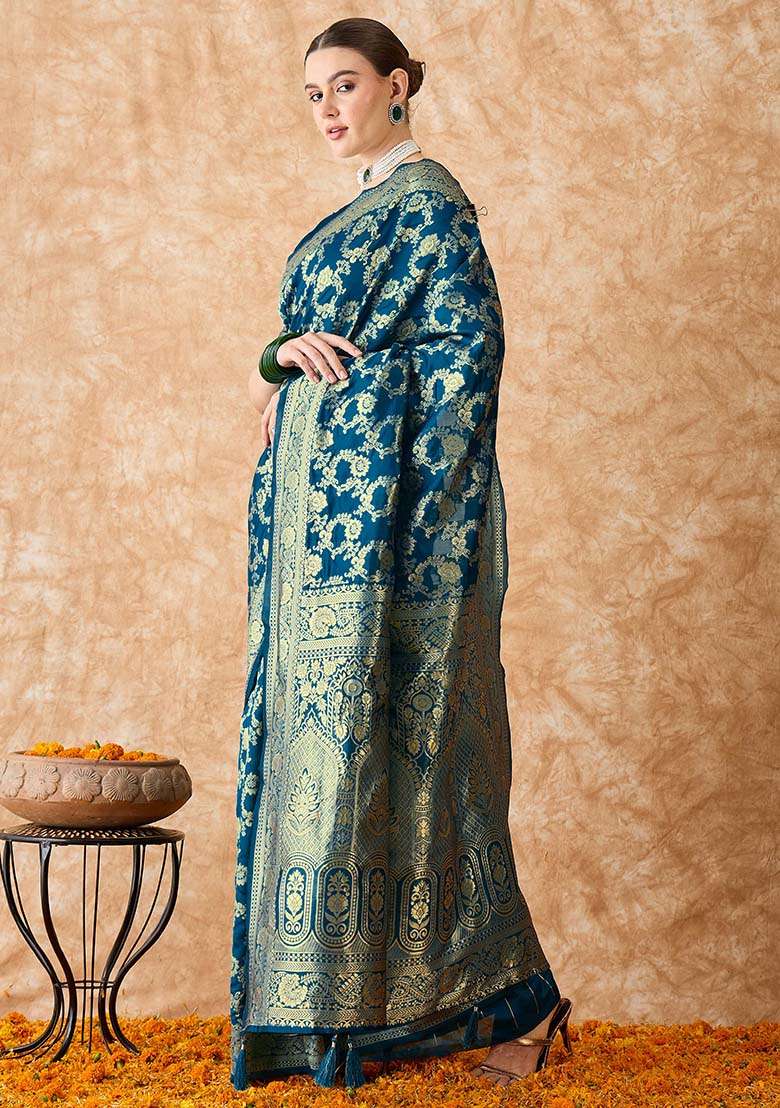Teal Blue Embroidered Silk Blend Saree Set for Diwali and Festive Wear - Indya