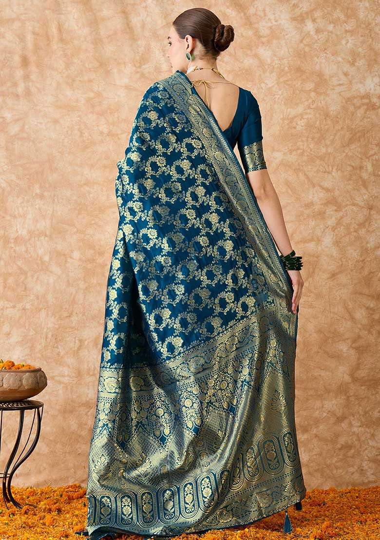 Teal Blue Embroidered Silk Blend Saree Set for Diwali and Festive Wear - Indya