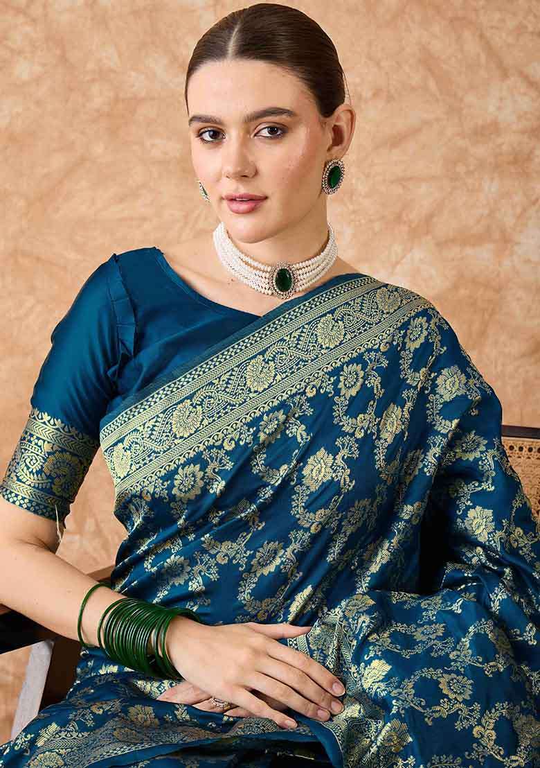 Teal Blue Embroidered Silk Blend Saree Set for Diwali and Festive Wear - Indya