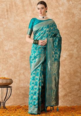 Sky Blue Embroidered Silk Saree Set