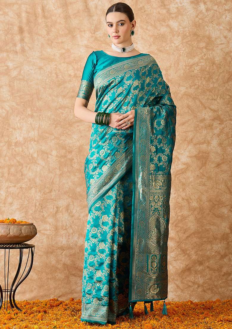 Sky Blue Silk Blend Saree Set with Embroidered for Diwali | Wedding & Festive Wear - Indya